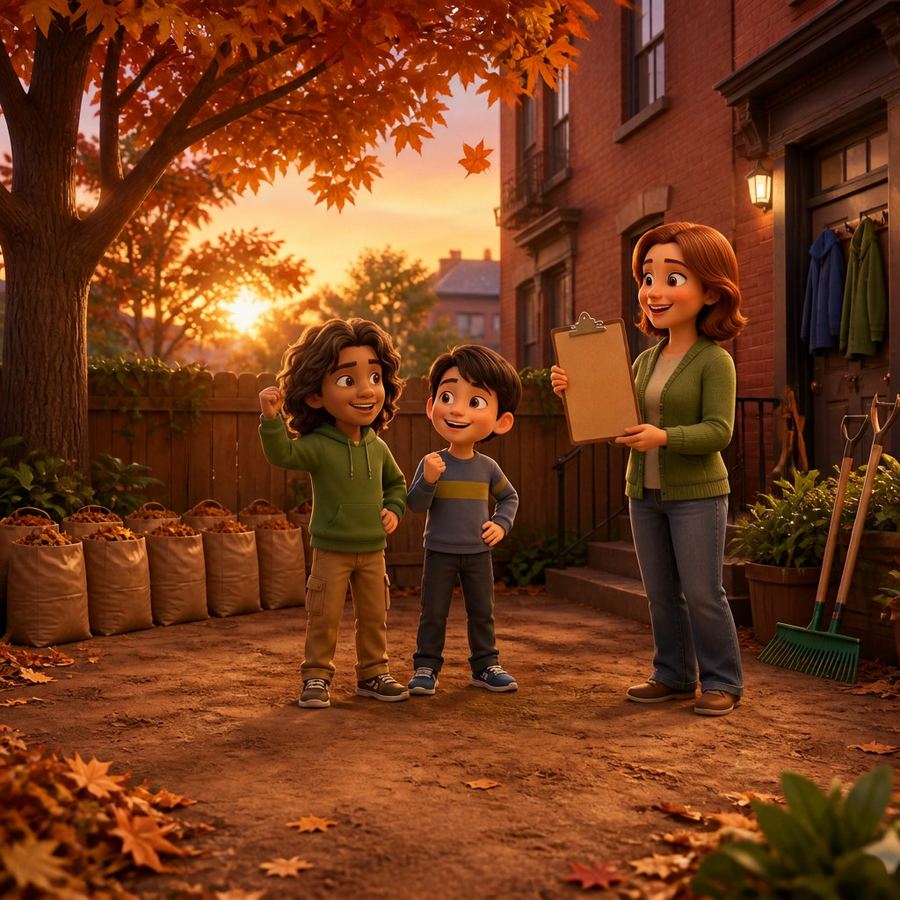 Tom H and Tom M celebrate with Cynthia next to a row of full leaf bags