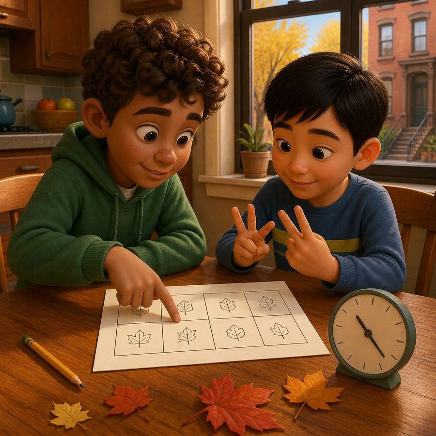 The boys sketch the yard as eight boxes at the kitchen table
