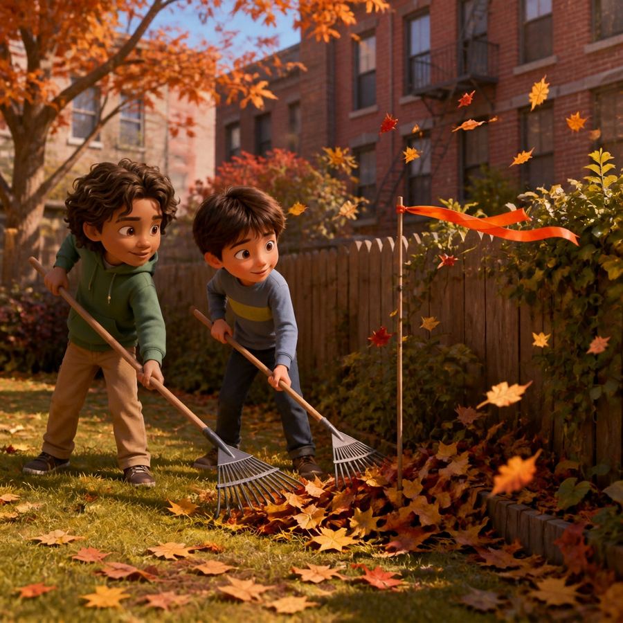 The boys rake while an orange ribbon streams in the wind