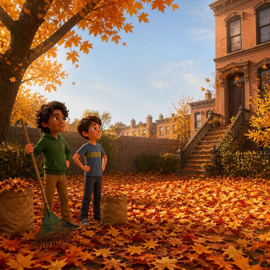 Tom H and Tom M stand in the leaf-covered backyard, ready to start